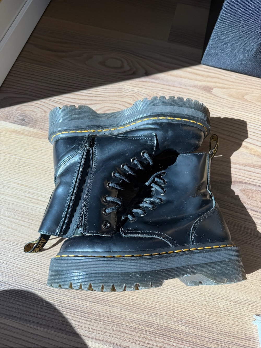Dr Marten Jaden Boot | Black Leather Lace-Up Combat Boots with Yellow Stitching